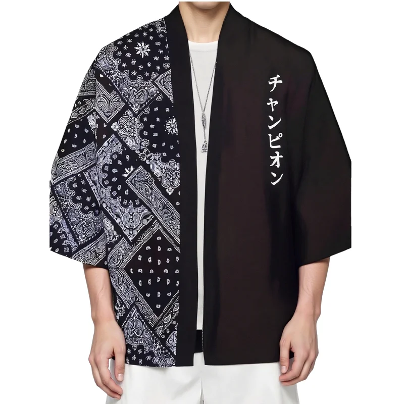 Japanese Kimonos for Men Letter Print Open Front Cardigan Adult Harajuku Sunscreen Clothes Summer Vacation Coat