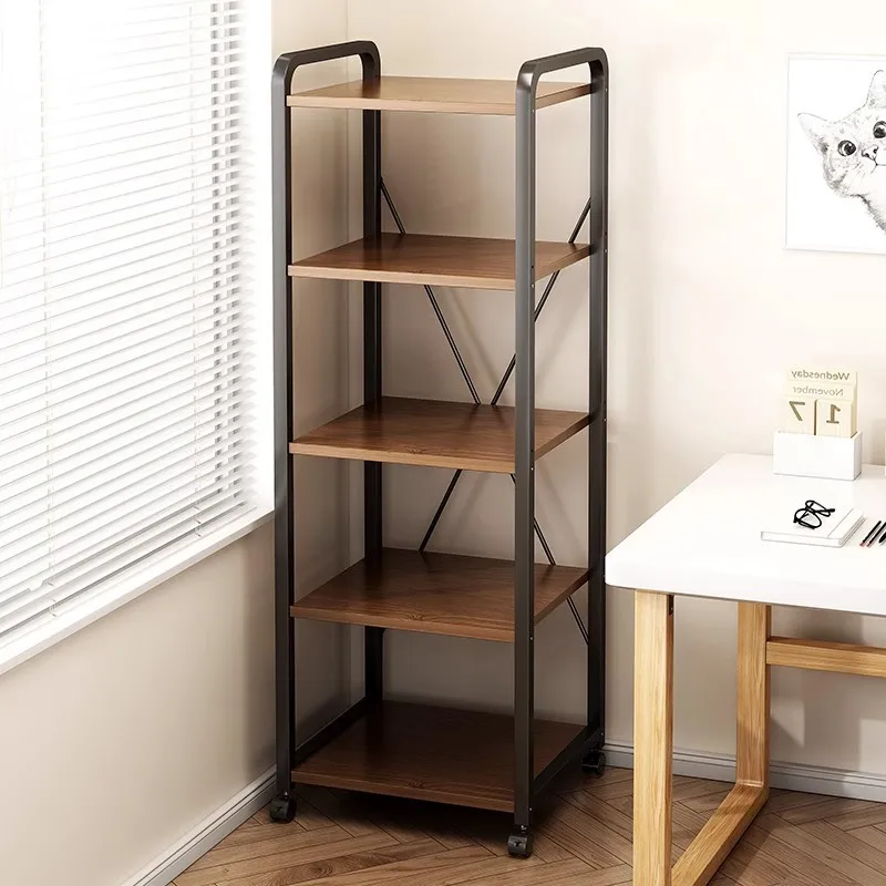 Mobile bookshelf with wheel floor multi-layer shelf wrought iron storage rack office living room storage rack simple shelf