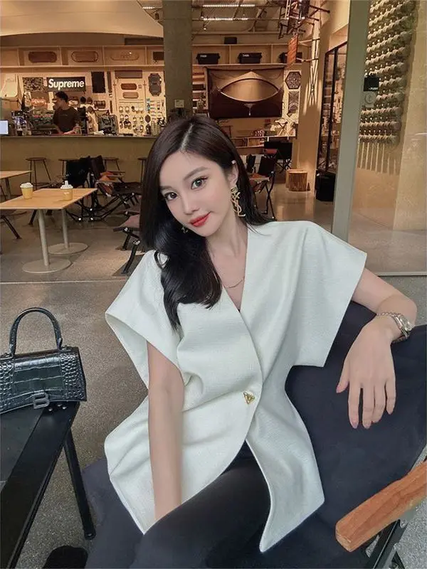 Fashionable Asymmetric Suit Jacket Shoulder Drop Sleeve Design One Button Waist Inward Slimming Top Korean Style Loose Fit