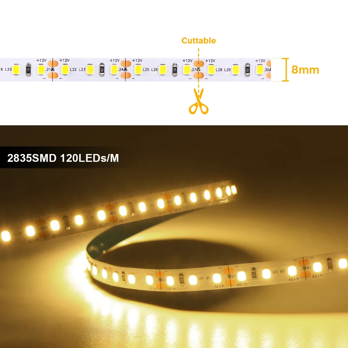 Rouleau de bande lumineuse LED SMD2835, 1M-10M, DC12V 24V, Double couche en cuivre FPCB, 120 diodes/M, bricolage, conception adhésive arrière découpable pour la maison