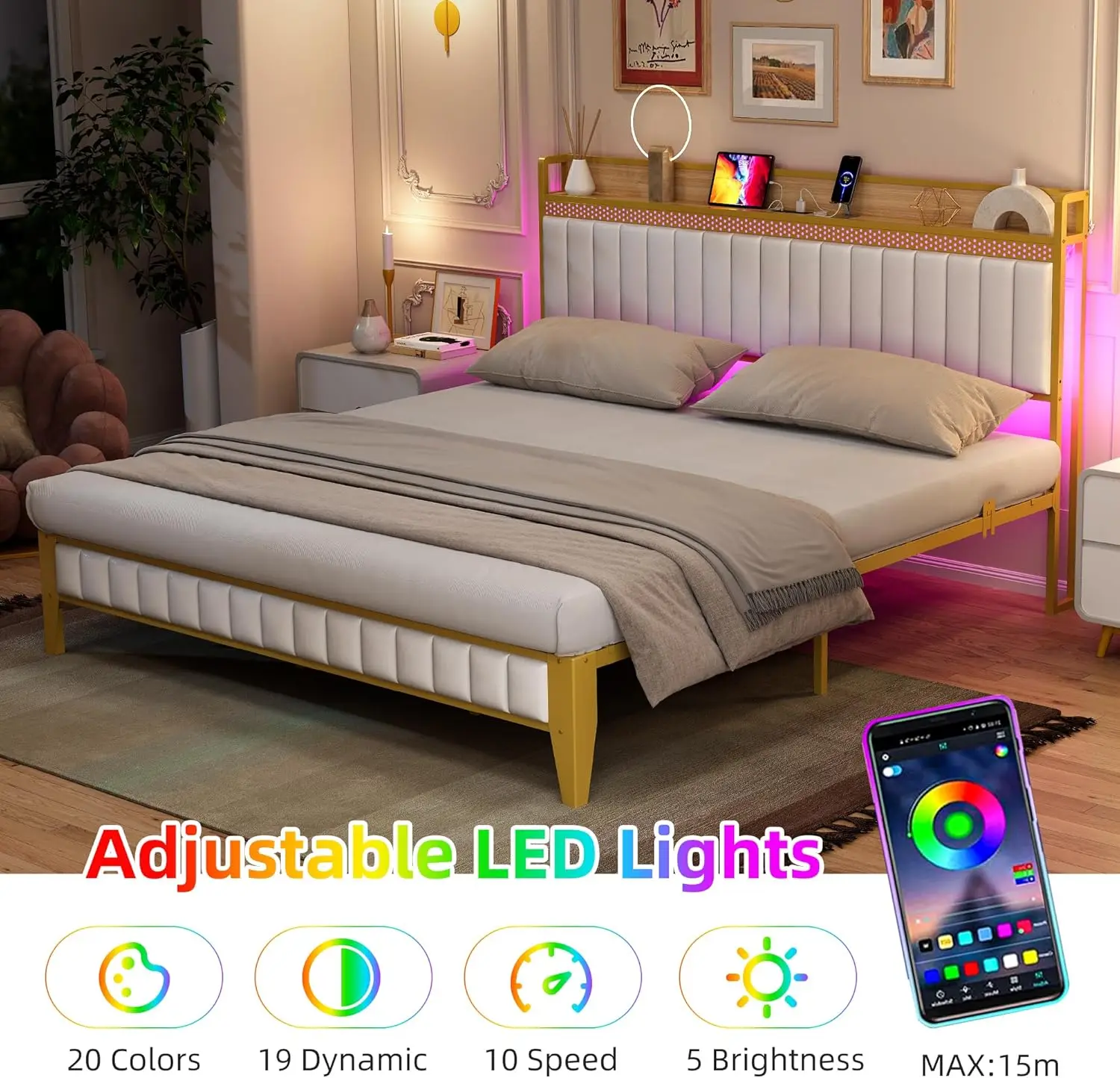 Queen Bed Frame With Charging Station, Led Bed Frame With Storage Headboard, Upholstered Platform Bed Frame, No Box Spring