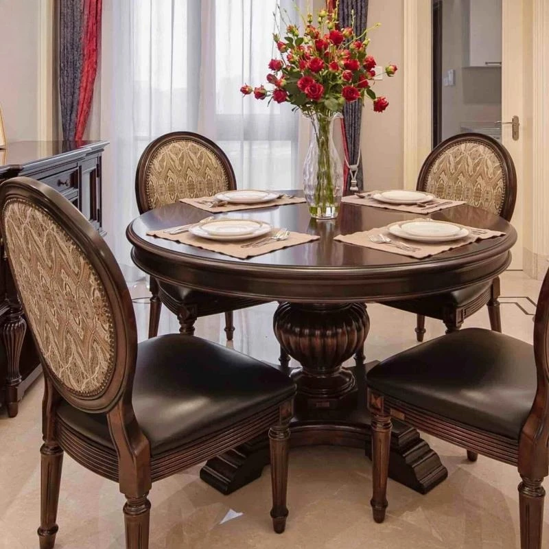 

Round Roman pillar dining table and chairs American retro dining table solid wood cowhide dining chair