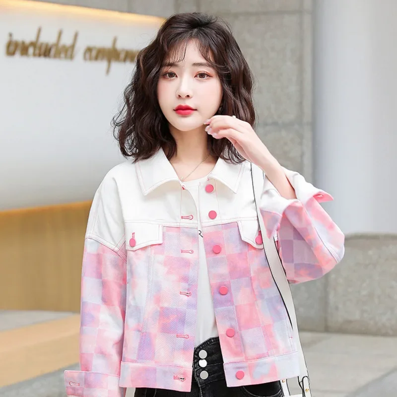 

Spliced Color Pink Plaid Denim Jacket Women Slim Vintage Streetwear Short Women's Jacket Batwing Sleeve Sweet Coat Office