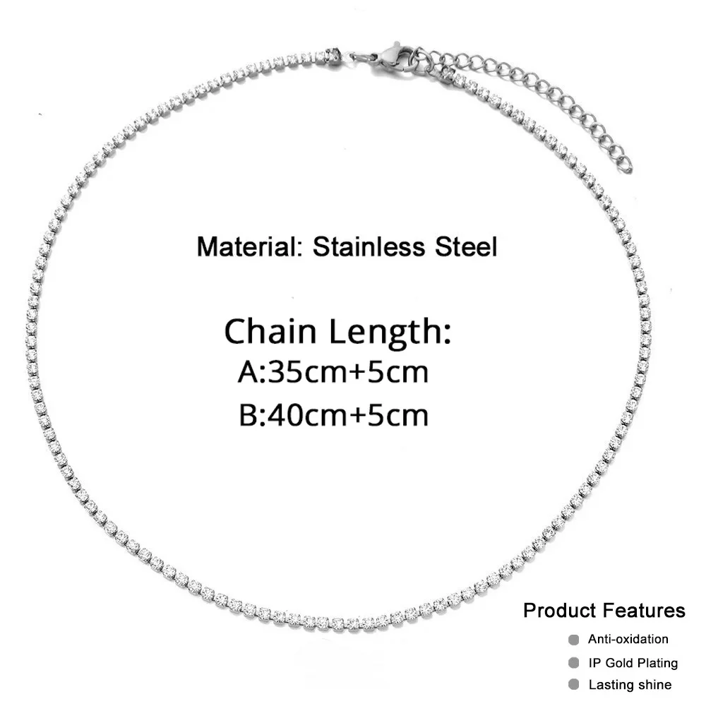 2mm Tennis Chain Choker Necklace Female Silver Color Stainless Steel Iced Out Neck Chain for Women Fashion Party Jewelry Gift