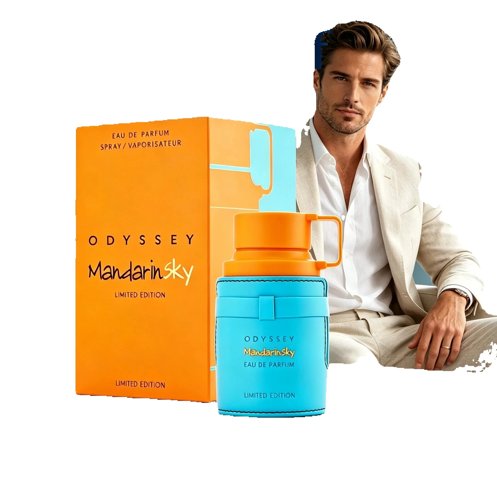 Armaf Odyssey Mandarin Sky Limited Edition EDP für Herren, Thermosflasche mit orangefarbenem Gehäuse und hellblauem, lederähnlichem Etui, kontrastierende orange-blaue Geschenkbox, Eau de Parfum Spray,