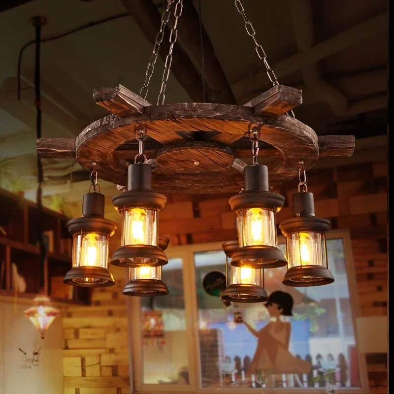 

Retro Solid Wood Chandelier Indoor Decor Lighting Luminaire LOFT Bar Vintage Industrial Old Boat Wooden Suspension Hanging Lamp