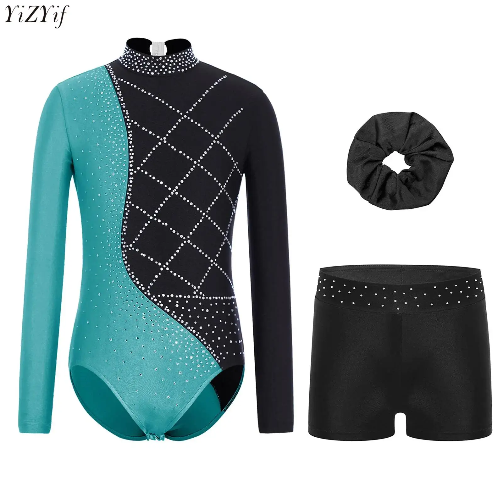 

Kids Girls Gymnastics Jersey Ballet Unitards Biketards Jumpsuit with Shorts Hairband Rhinestones Athletic Leotard Sportswear Set