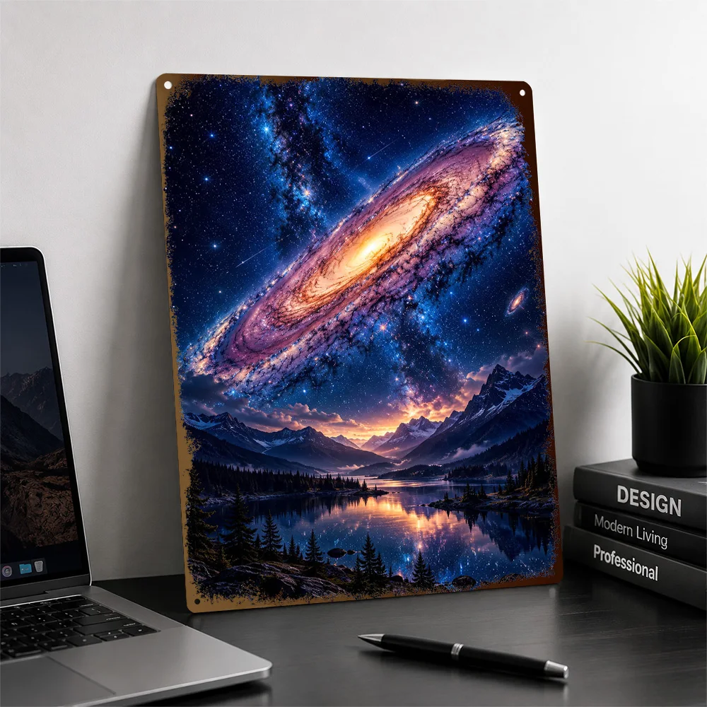 Galaxy Above Mountain Lake Aluminum Poster Scenic Wall Art For Living Room Or Entryway Customized Metal Sign Housewarming Gift