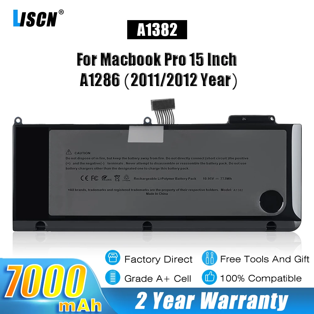 

LISCN A1382 Laptop Battery For Apple MacBook Pro 15" A1286 (Early 2011 Late 2011 Mid 2012 Version) MD318LL/A MD322LL/A 77.5Wh