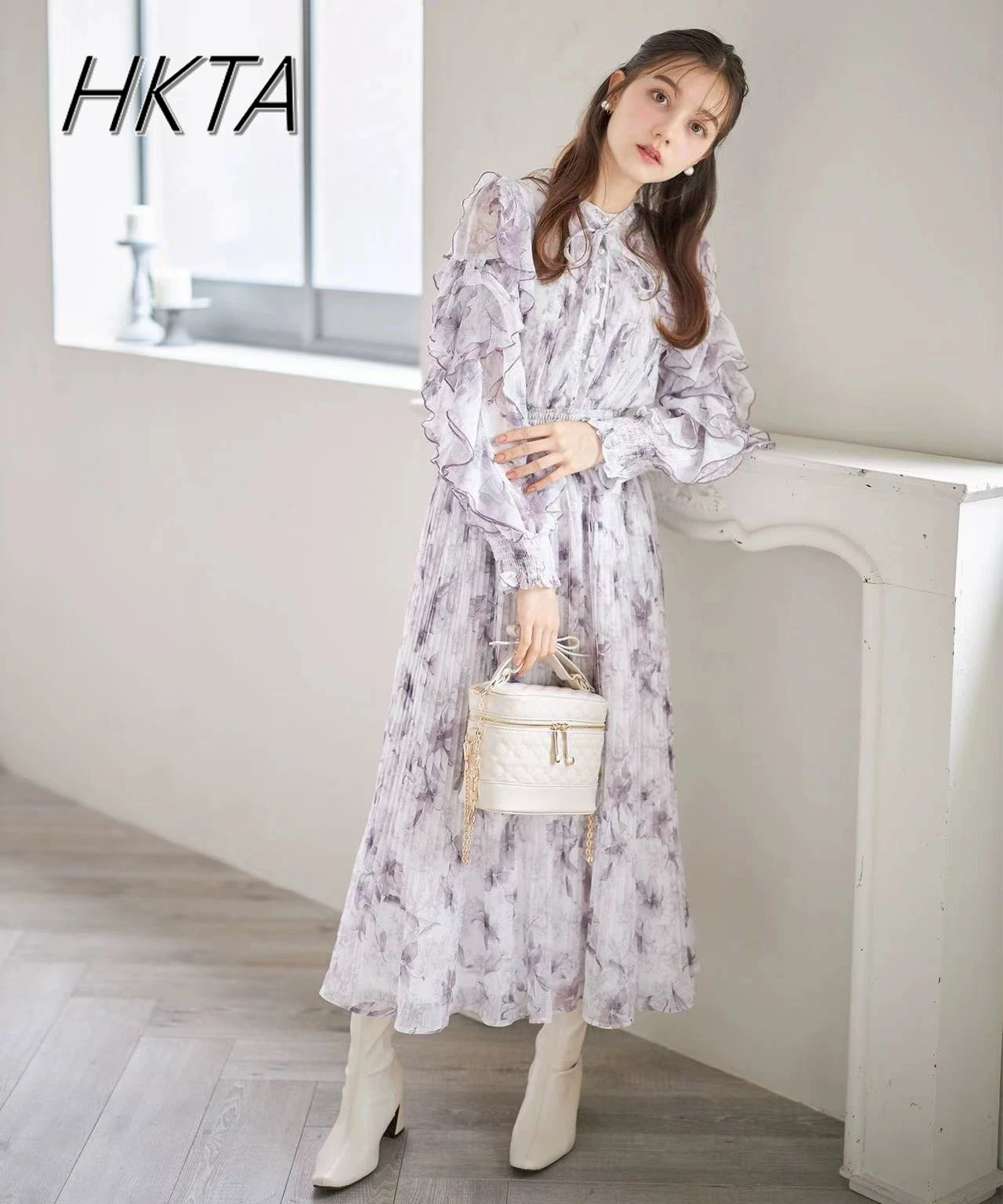 

Original Japanese Dresses Spring Summer Temperament Cool Long-sleeved Chiffon Dress Elegant Sweet Printed Pleated Long Dress