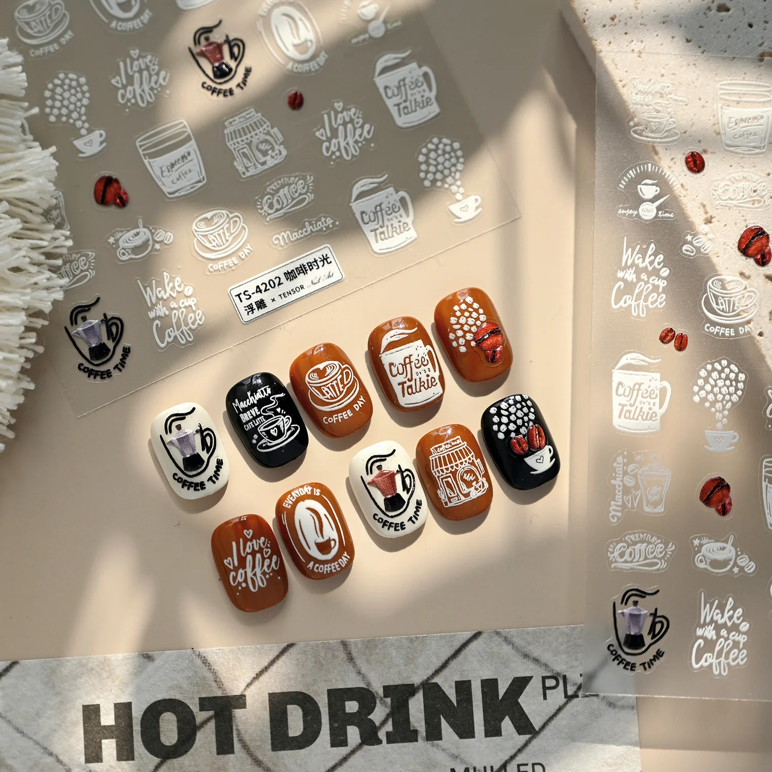 5D Embossed Leisurely Coffee Time Graffiti Adhesive Nail Art Stickers Decals Manicure Black White Fashion Charms