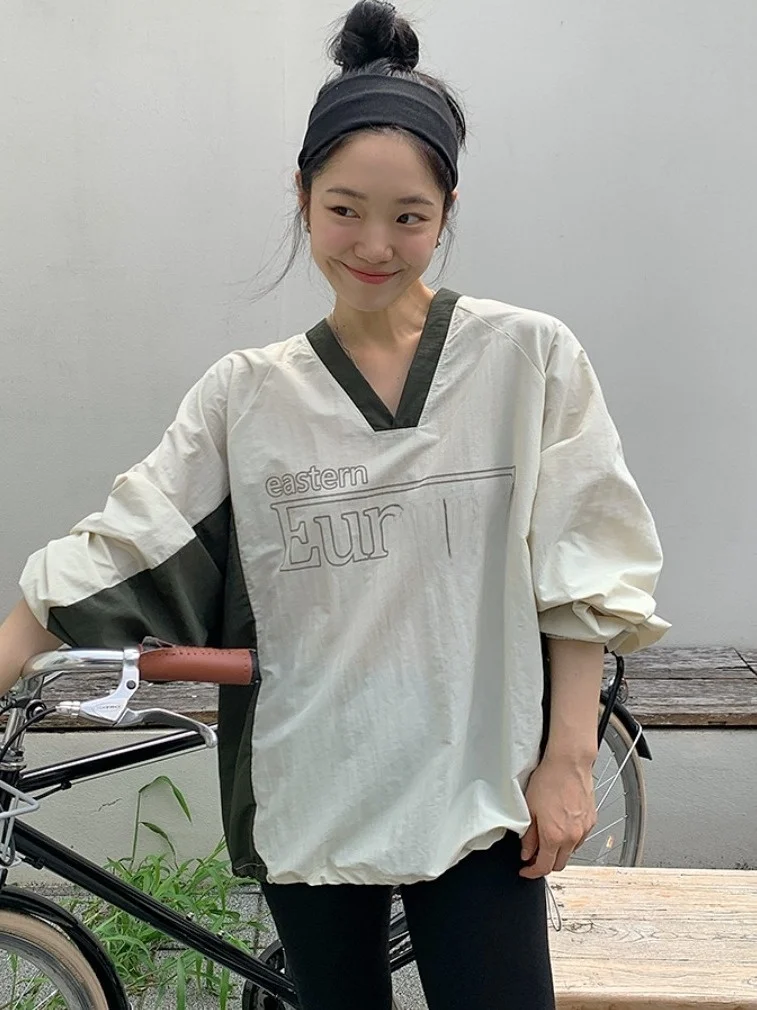 Mole f com capuz, estilo retrô esportivo casual, estampa de letras, blocos de cores, decote em V, soltinho, manga c...