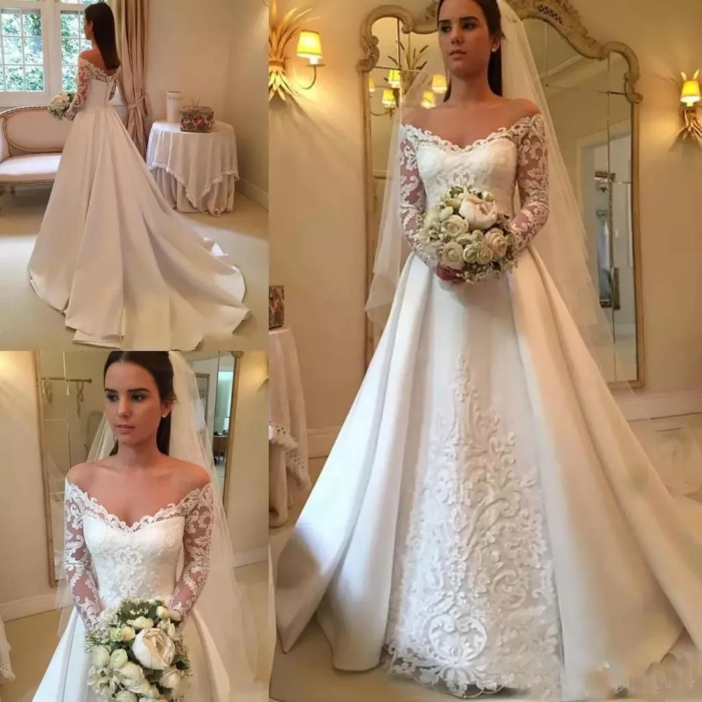 

GUXQD V-Neck Ball Gown Wedding Dresses robe de mariée Long Sleeves Lace Satin Court Train Princess Bridal Gowns Robe De Mariee