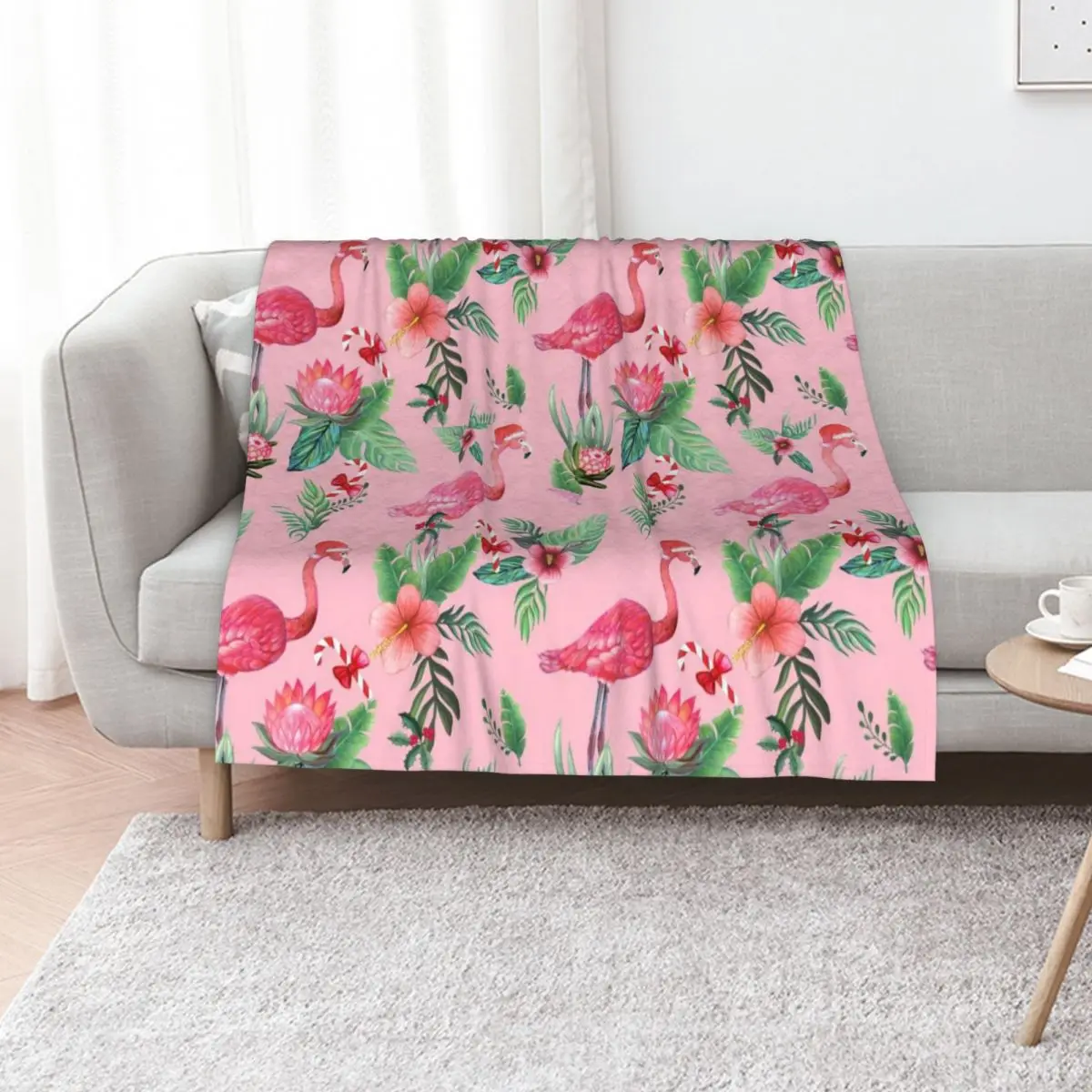 Manta navideña con diseño de flamenco y Papá Noel en rosa con bastones de caramelo / Manta navideña tropical de felpa suave como regalo de inauguración de casa