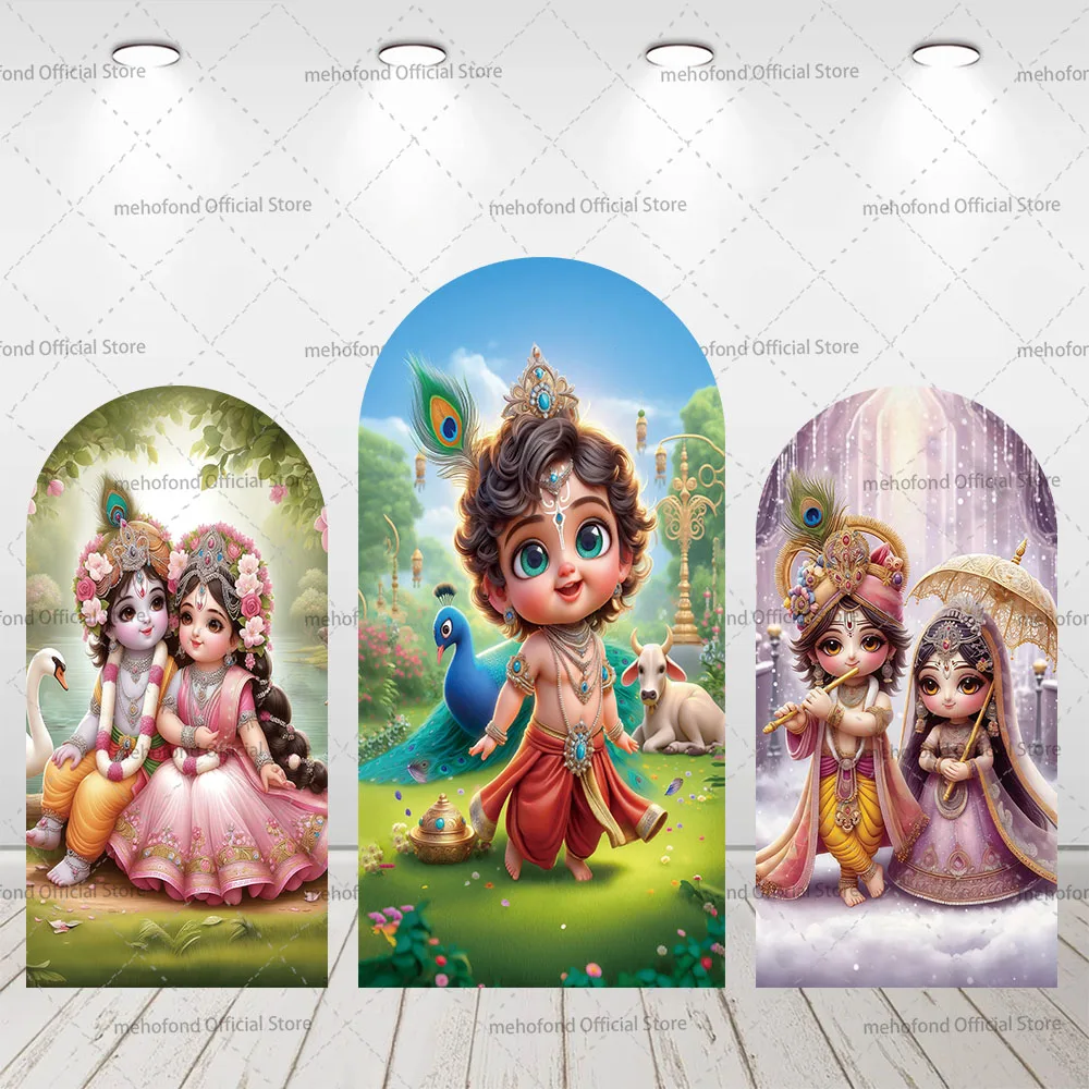 Mehofond personalizado 2 lados índia yashoda e krishna pavão crianças aniversário chá de bebê cobre chiara arco fundo decoração pano de fundo