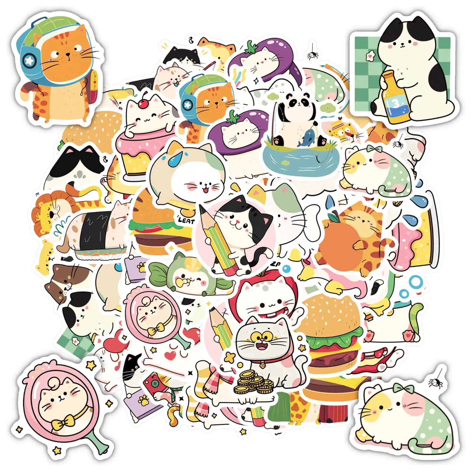 35pcs-50pcs Playful Food Stickers Cartoon Cute Cats Funny Stickers Stationery Stickers For Guitar Laptop Helmet Skateboard