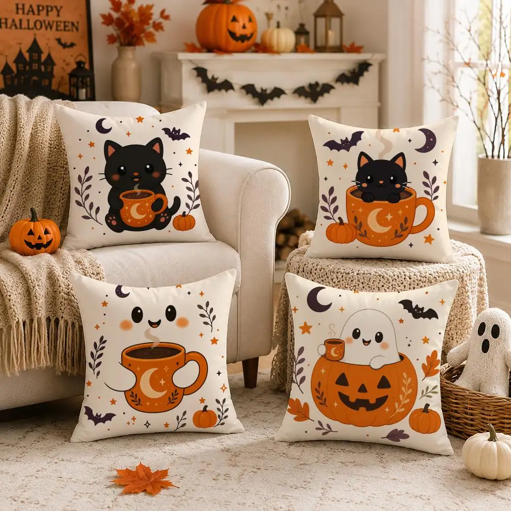 Funda de Cojín para Bebidas Calientes con Diseño de Fantasma, Gato Negro, Momia y Búho de Halloween, Suave al Tacto, Decoración Festiva para el Hogar, Excelente Regalo