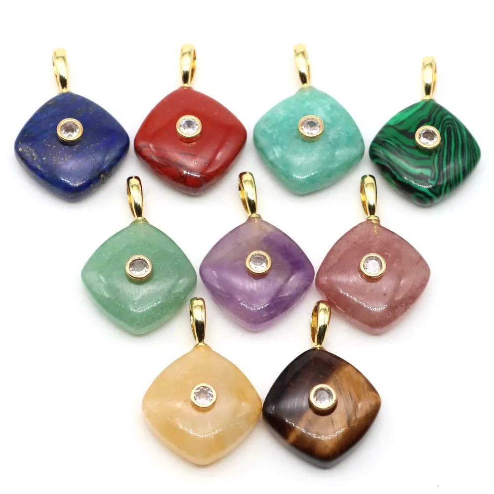 Rhombus Shape Natural Stones Crystals with White Zircon Amazonite Amethyst Carved Gemstone Charms for DIY Jewelry Accessories