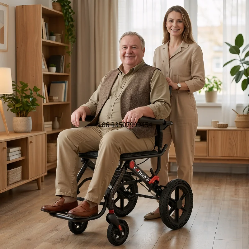 

Premium Travel Wheelchair Aluminum Alloy Frame Pull Rod Design 12" Honeycomb Wheels 100KG Dual Front Shock for Eldly