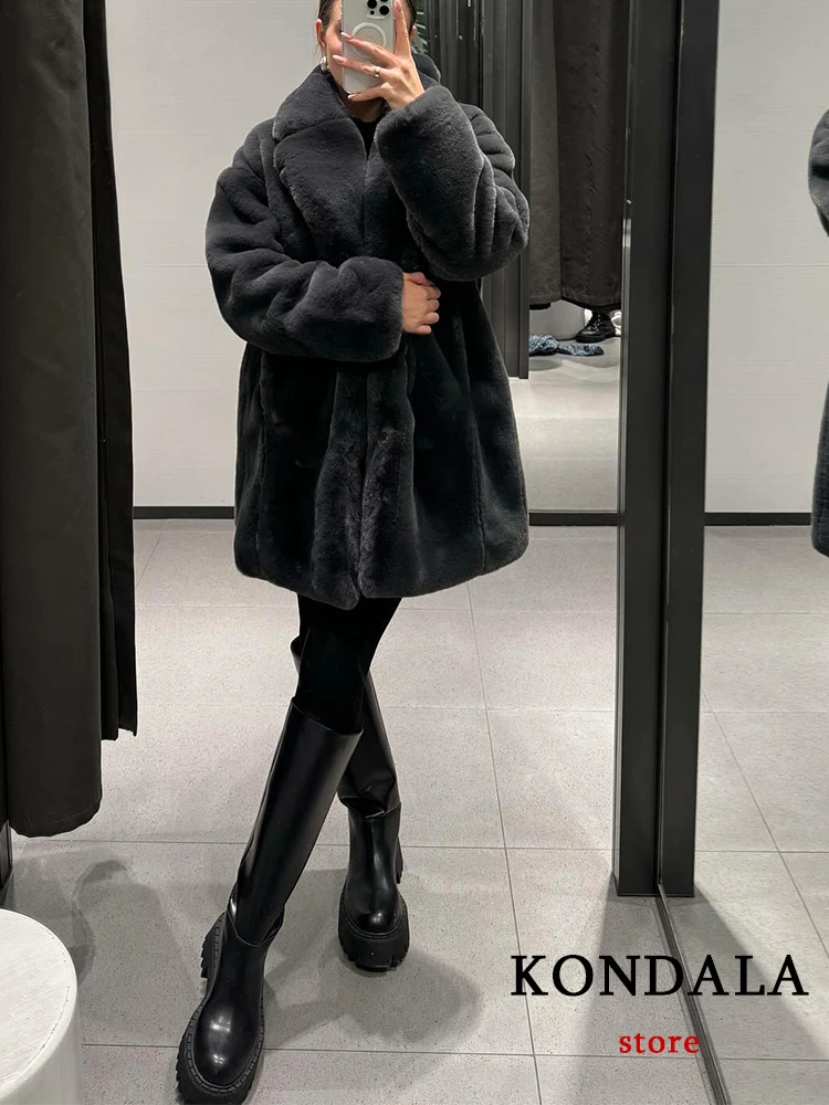 TRAFZA Vintage Gray Faux Fur Long Coats Women V Neck Long Sleeve Thick Oversized Jackets Fashion 2024 Elegant Women Outwears