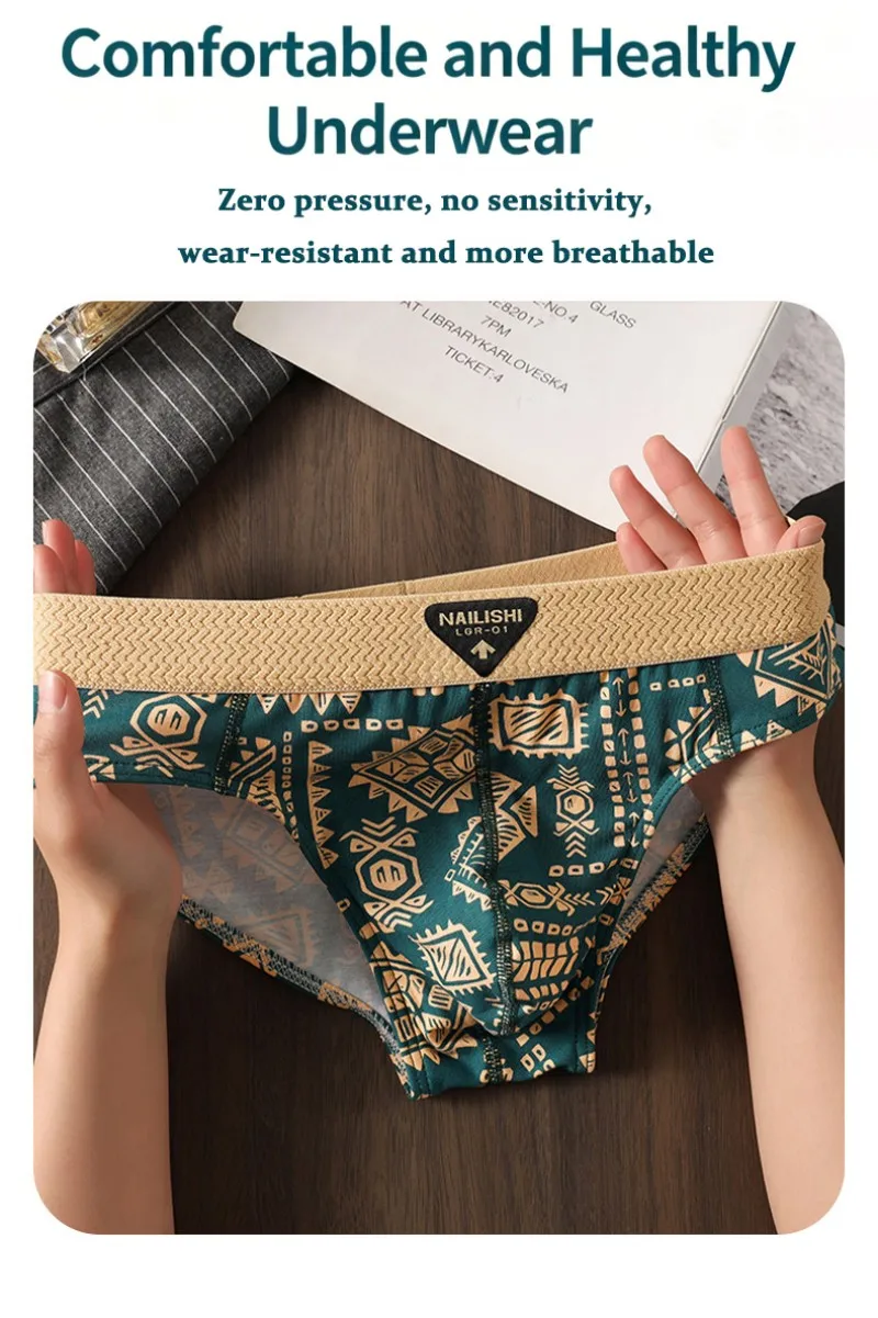 3-teiliges Set Herren-Baumwollslips im Retro-Ethno-Stil Bedruckte Unterwäsche Weiche Atmungsaktive Mittelhoch Sitzende Slips Komfortable Dehnbare Alltagsunterhosen – Detail 4
