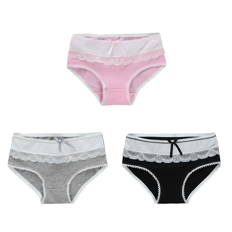 

3PC Briefs Panties Underwear Short Solid Color Bow Adolescente Hipster Teen Puberty Lace Training 8-14Y