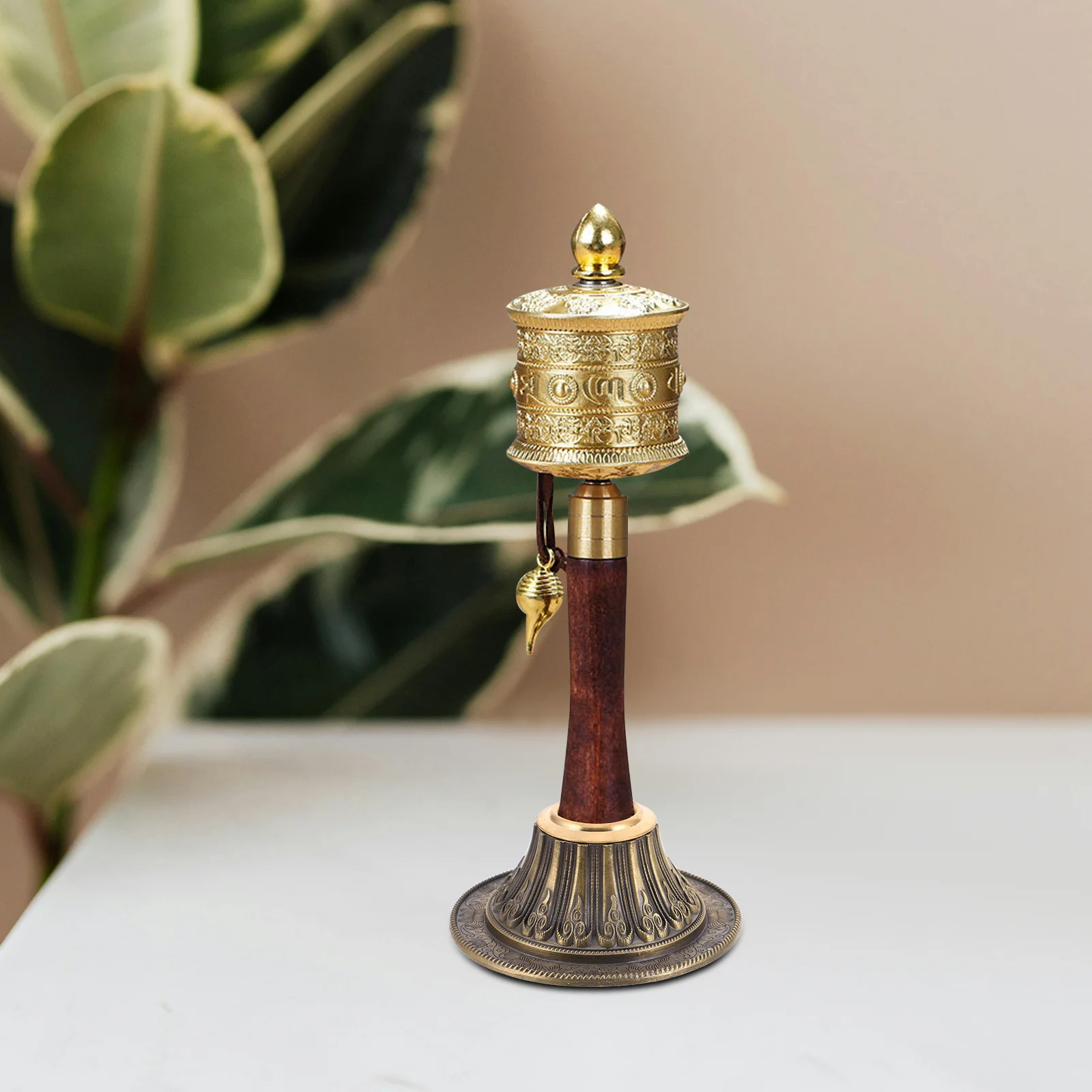 

Handheld Tibetan Copper Prayer Wheel Stand Vintage Carved Lotus Base Stable Support for Buddhist Display