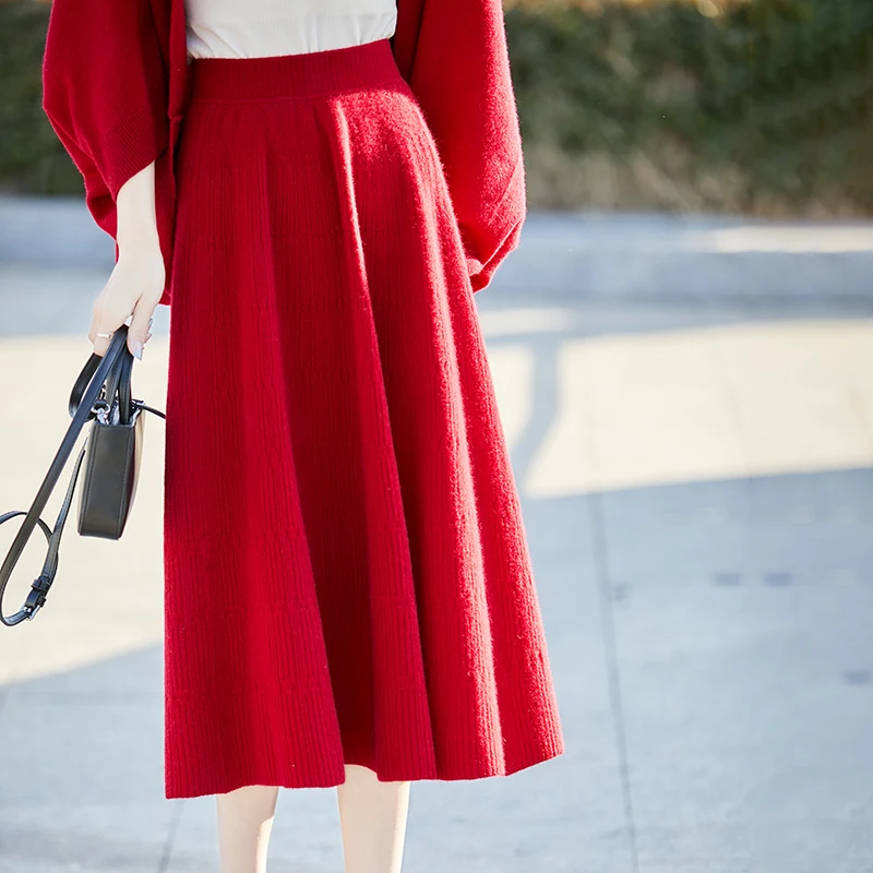 100% メリノウールファッションウールスカートパラソルスカート快適でソフトな痩身無地スカート