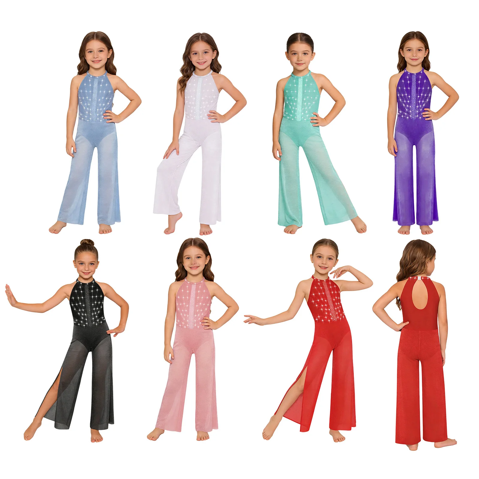 Children Girls Modern Lyrical Dance Jumpsuit Shiny Mesh Wide-Leg Bodysuit Ballet Gymnastics Skating Acrobatics Jazz Costume