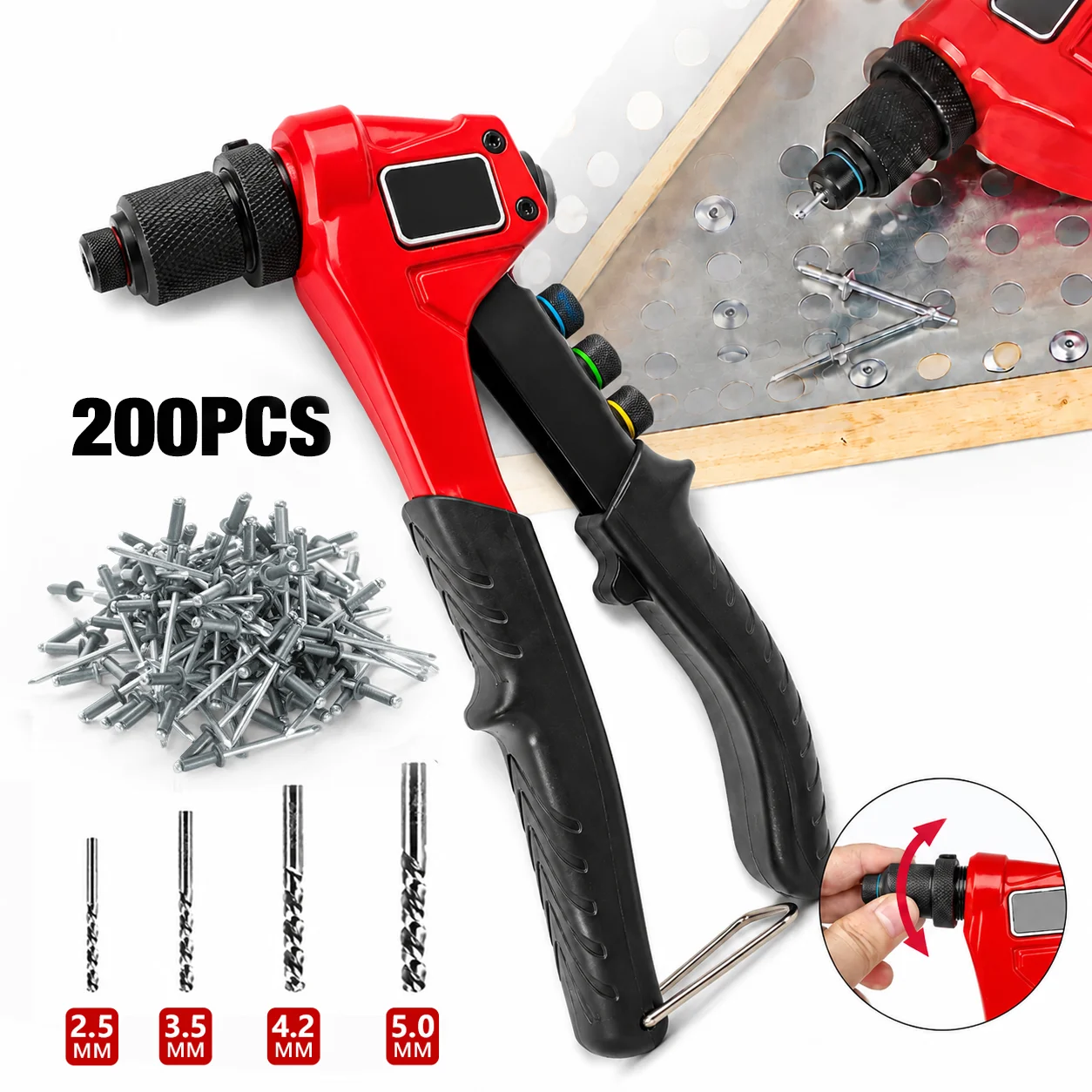 4-IN-1 Portable Rivet Gun Kit Hand Rivet Tool Set Home Cordless Riveting Tool 200PCS Rivets for Metal Sheet Installation/Repair