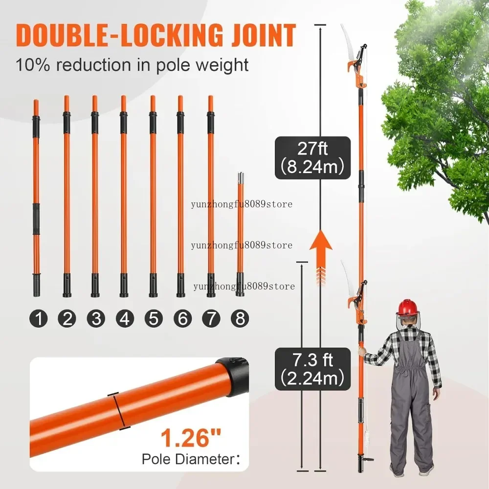 7.3-27 ft Extendable, Sharp Steel Blade and Scissors, Branch Trimmer with Lightweight 8 Fiberglass Handles
