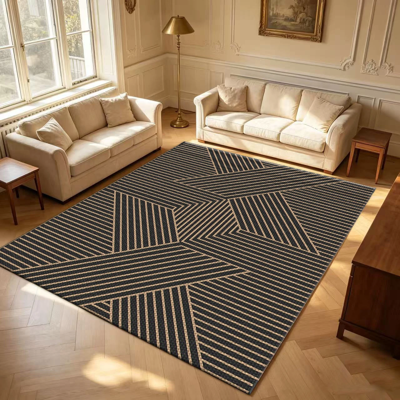 Vintage Geometric Line Rug Modern Abstract Striped Carpet Non-Slip Washable Floor Mat Suitable for Living Room Bedroom Home Decor