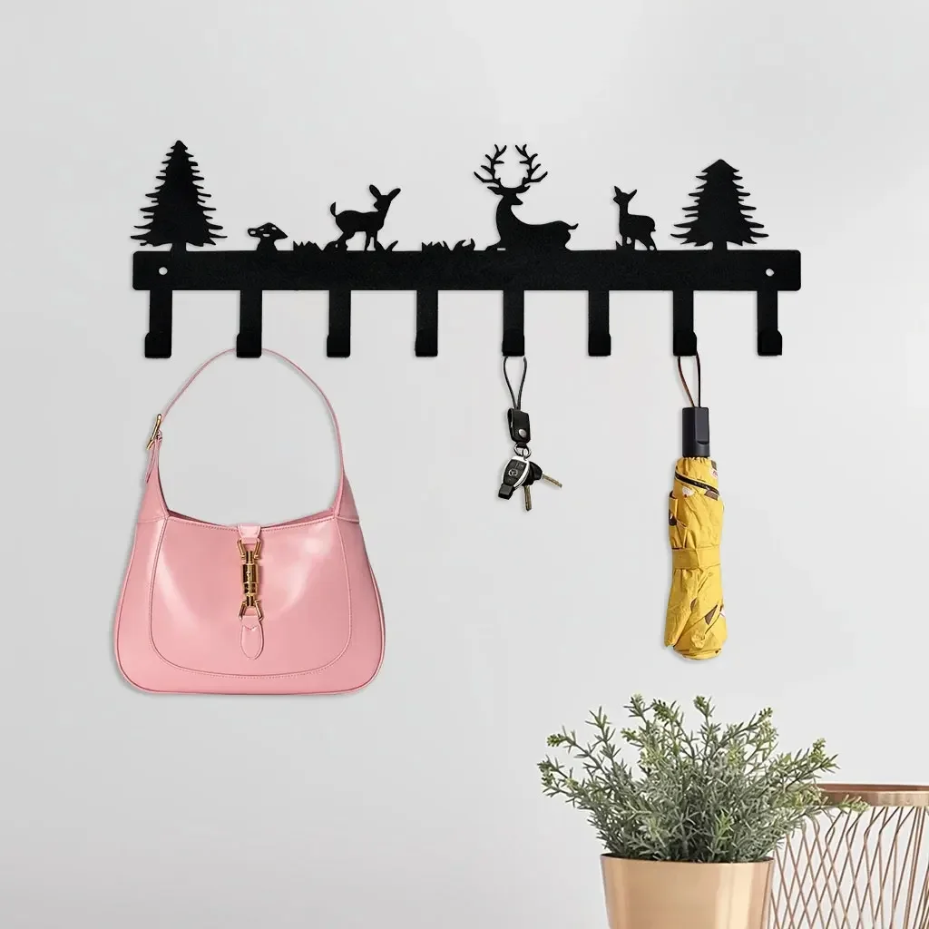 2D 1pc Cute Forest Deer Metal Key Hook Adhesive Wall Mount Key Hanger Key Organizer Rack Wall Mounted Key Holder