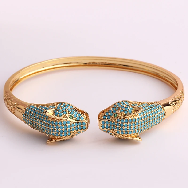 New Arrived Double Leopard Head Statement Bracelet Bangle for Women Grils Copper Metal Gold Plated Turquoise Animal Bracelet