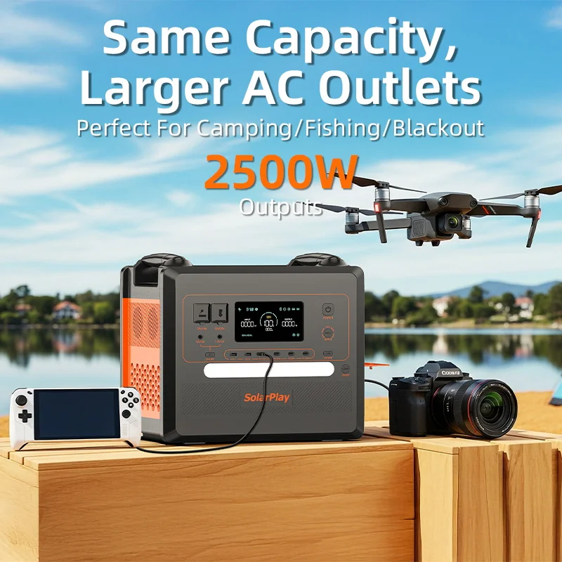 SolarPlay Q2402M 2304Wh Solar Generator, 2500W Portable Power Station with 4 AC Outlets, UPS, 14 Ports, LED Light, Optional Transport Cart, LiFePO4 for Camping RV Home Backup