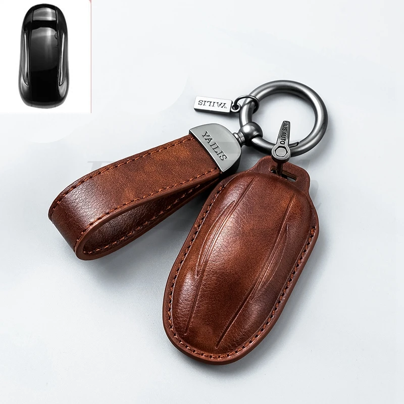 Car Fob Remote Control Leather Key Case Cover Holder Chain For Tesla Model 3 Model S Model Y Model X Key Protective Shell