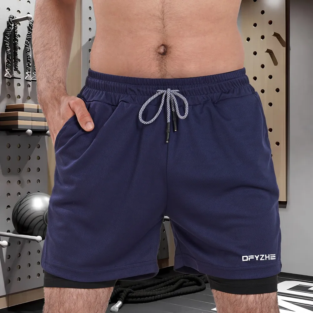 

Новые спортивные двухслойные шорты 2-в-1 с трехмерной буквенной печатью логотипа, шорты для тренировок в тренажерном зале, быстросохнущие