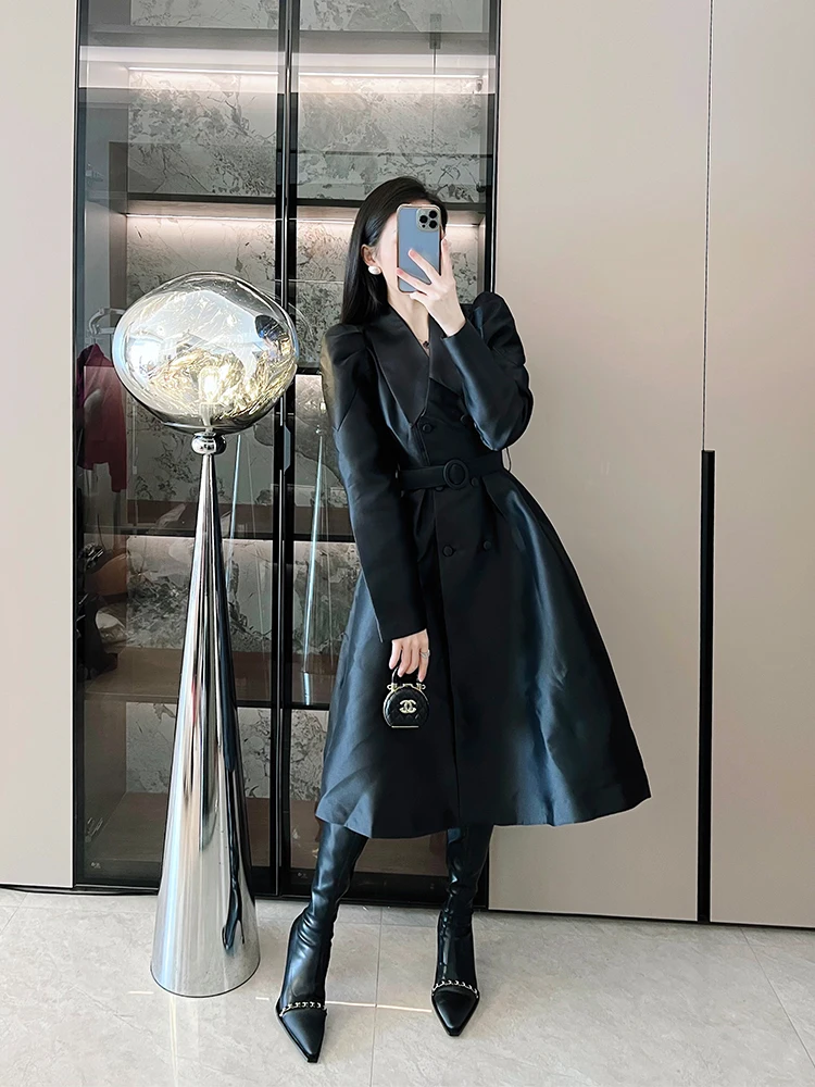 

Ele Bubble Sve Midi Dr Women's Autumn Winter New Sle Double Button Coat Sle Dr High Waist A-Line Skirt