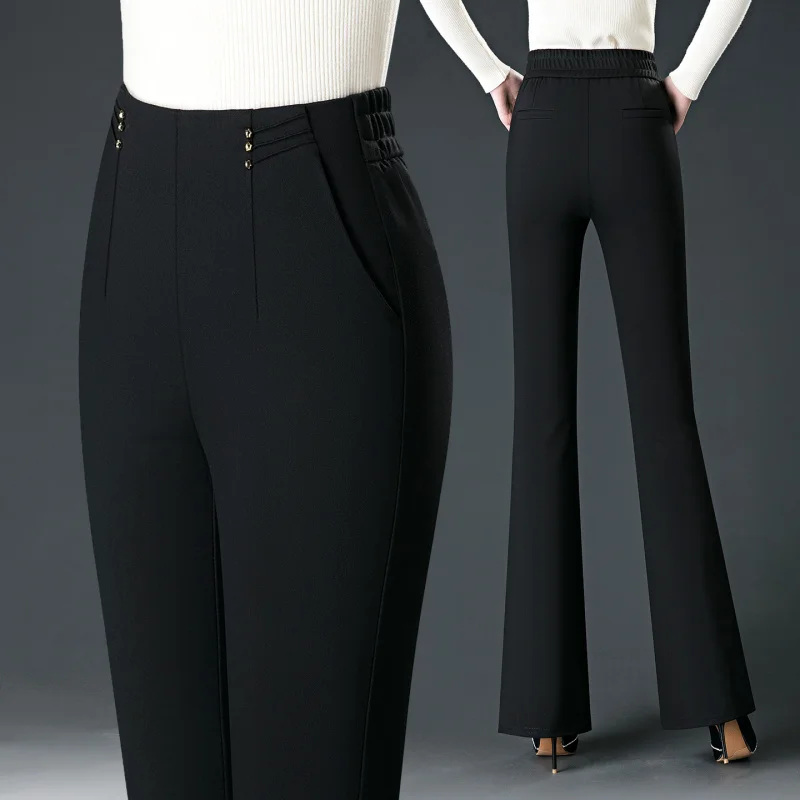 سروال أسود جديد للخريف للنساء، خصر مرن للتخسيس قابل للتمدد، مقاس كبير، سروال جرس سفلي متعدد الاستخدامات لمنتصف العمر