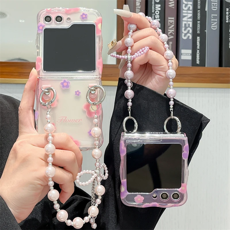 

ClearCute Flower Wavy Phone Case For Samsung Z Flip 6 5 4 3 Cover with Chain Silicone Cases For Galaxy Z Flip5 Flip4 Flip6 5G