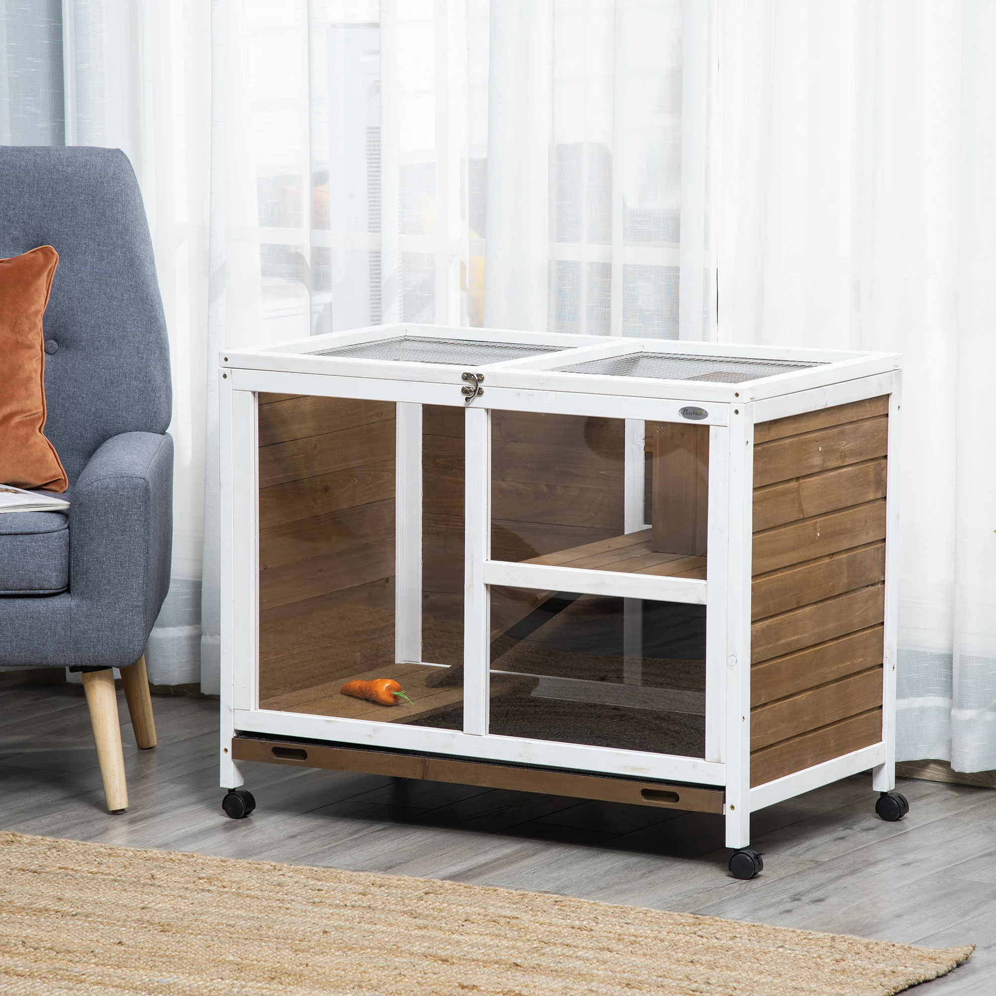 PawHut Conejera de Madera con Ruedas 91,5x53,3x73 cm Jaula para Conejos de 2 Niveles con Techo Abatible Bandeja Extraíble y Ramp