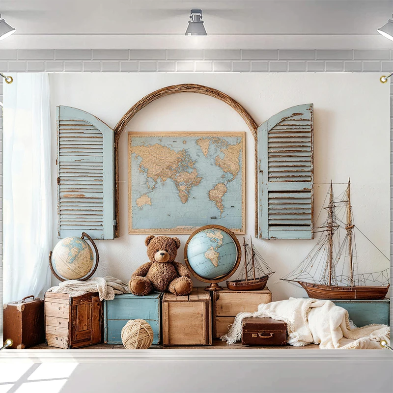 

LS Photography Background Cute Bear World Travel Children Birthday Party Cake Smash Portrait Decor Backdrop Photo Studio