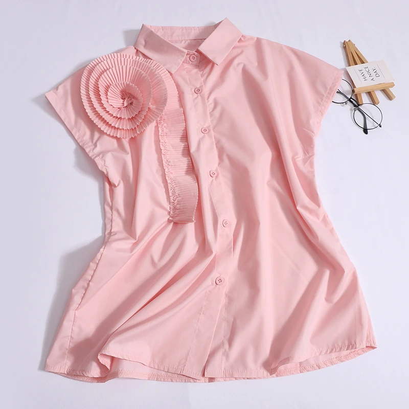 Flower sleeveless shirts Women's summer new tops korean fashion pleated three-dimensional decorative lapel shirt