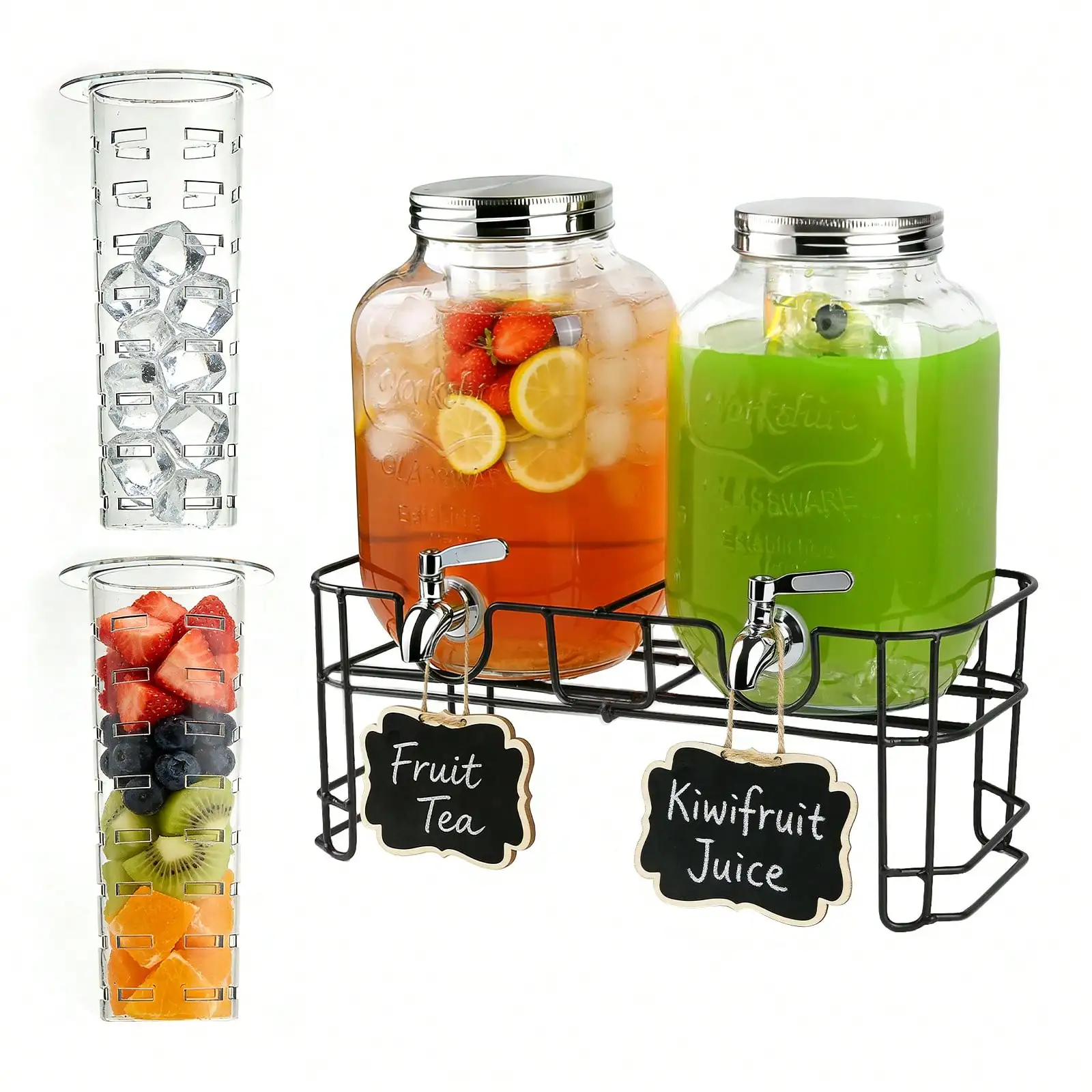2 Pack 1 Gallon Glass Drink Dispensers with Stand and 304 Stainless Steel Spigot for Parties and Gatherings