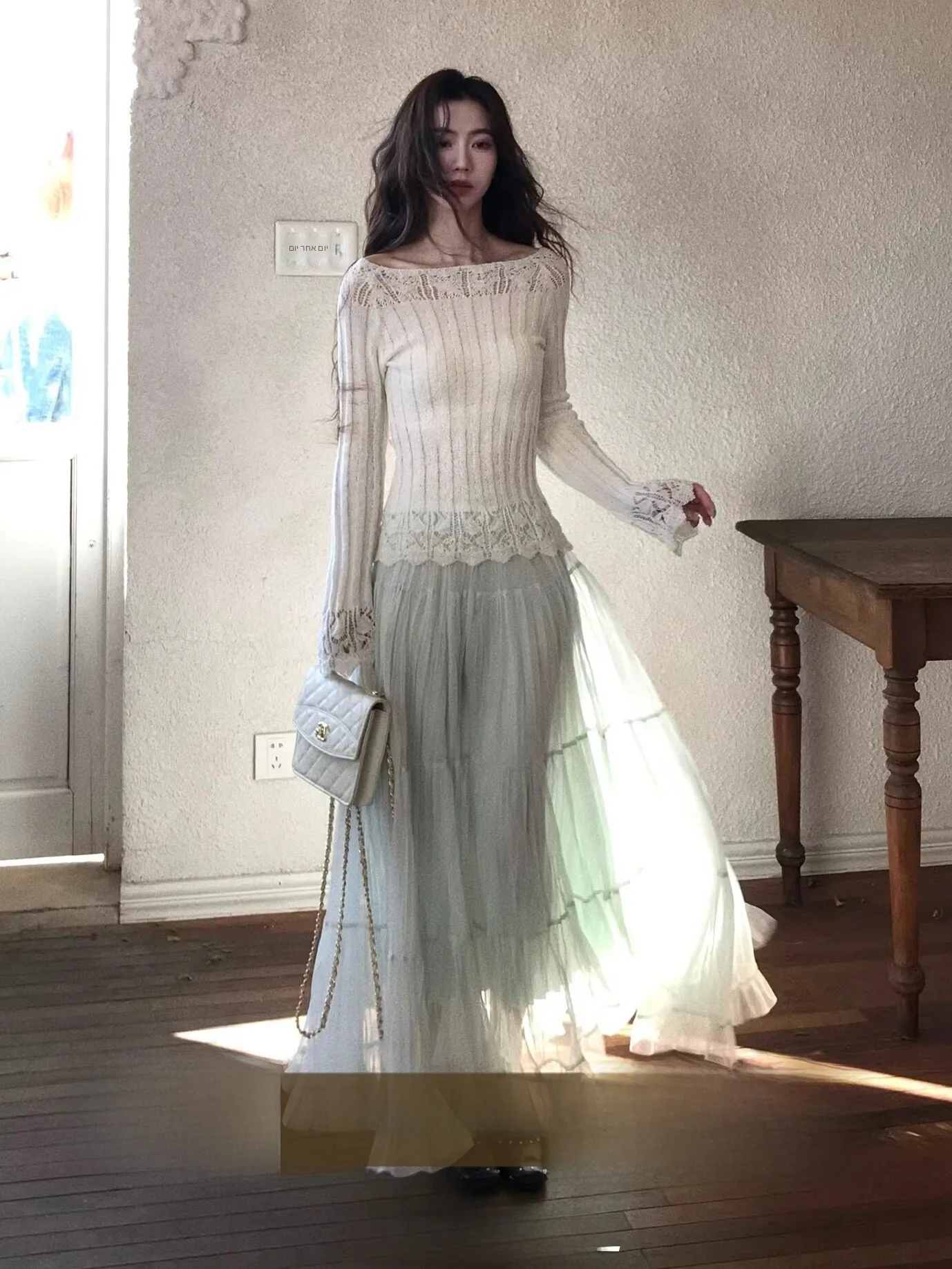 

Slim Fit Knitted Sweater Women's Base Layer Coarse Ribbing Hollow out Lace Trim Long Sleeve Soft French Style Top