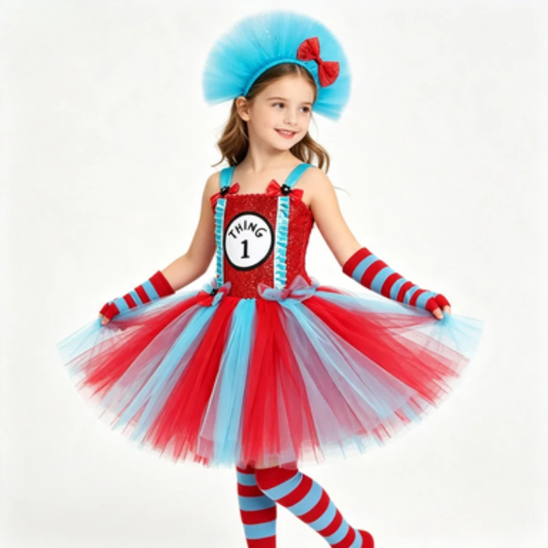 Sky-Blue Red-Striped Tulle Tutu Dress for Toddler Girls, Thing 1 & Thing 2 Themed Outfit, Kids Halloween Carnival Party Clothes