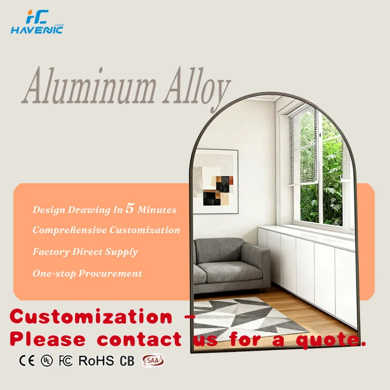 

Customize.Modern Design Full-Length Wall Mounting Glass Floor Mirror with LED Black Gold Metal Frame Arch Oversized