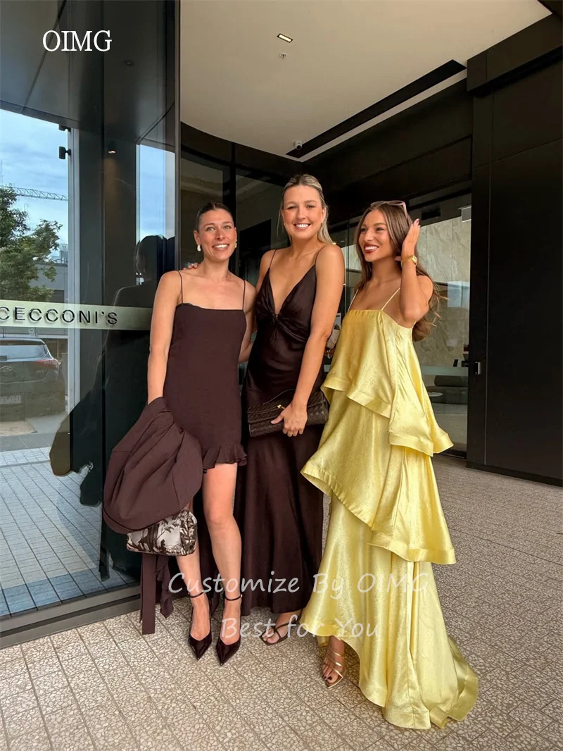 OIMG Flowy Yellow Multi-layered A Line Prom Gowns Spaghetti Strap Backless Party Gown Floor Length Evening Dress Customized image 3