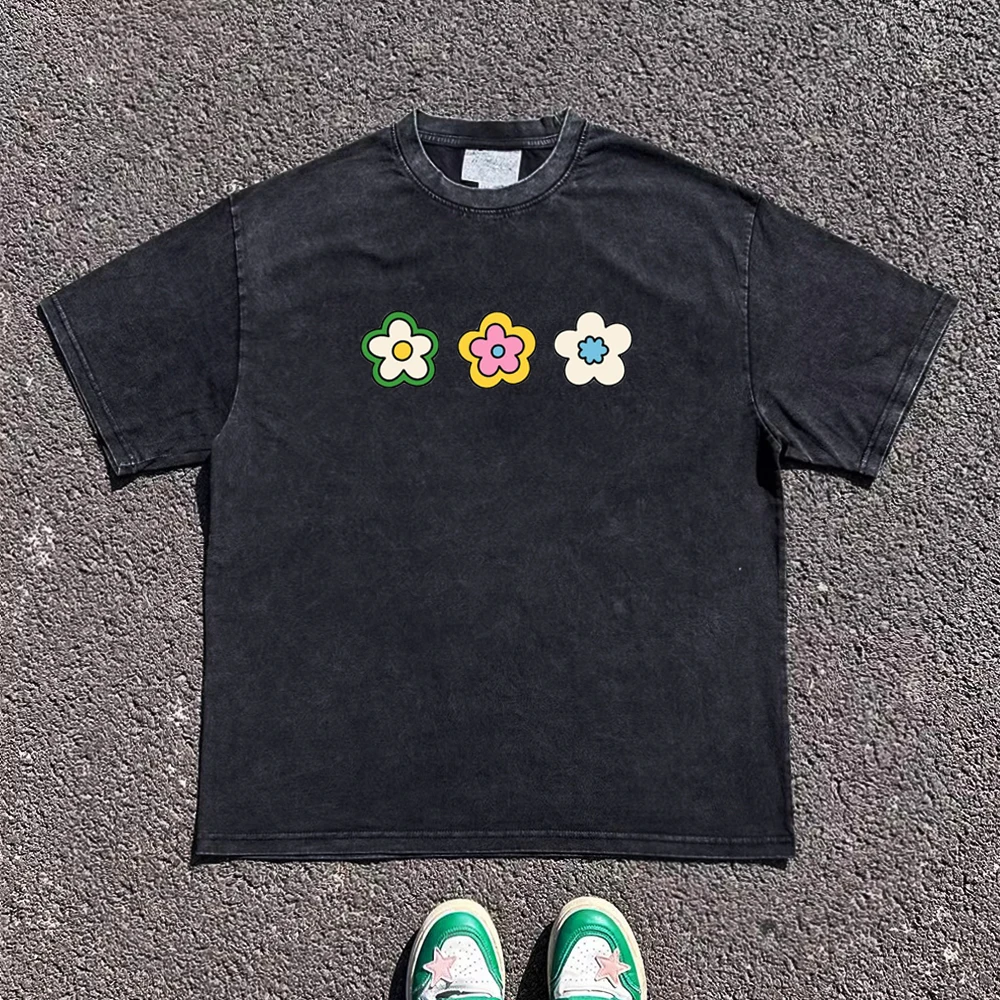 

Свободная футболка для пар, 260 г, тяжелая, простая, мягкая, с цветочным принтом, повседневный мужской топ с защитой от солнца