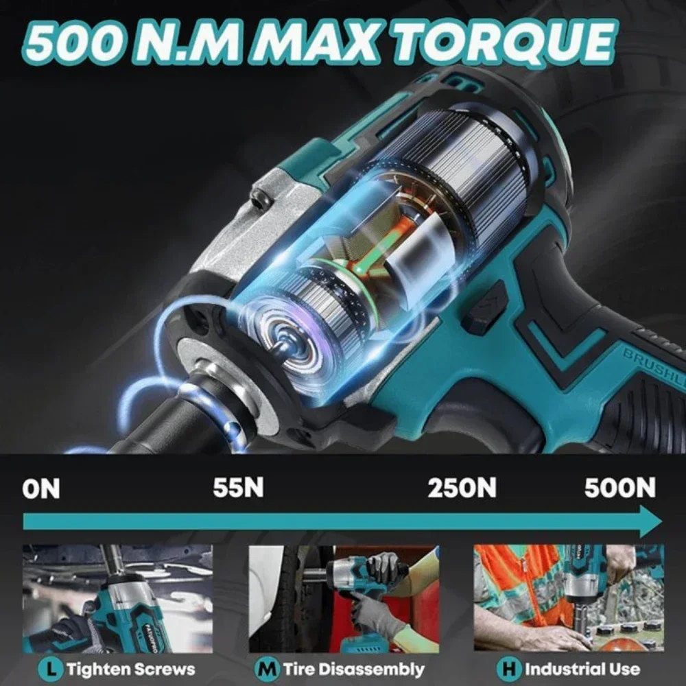 Imagem -04 - Chave de Impacto sem Escova Polegada Chave Elétrica Recarregável sem Fio Ferramenta Elétrica Doméstica para Makita 18v Bateria sem Bateria 500n.m